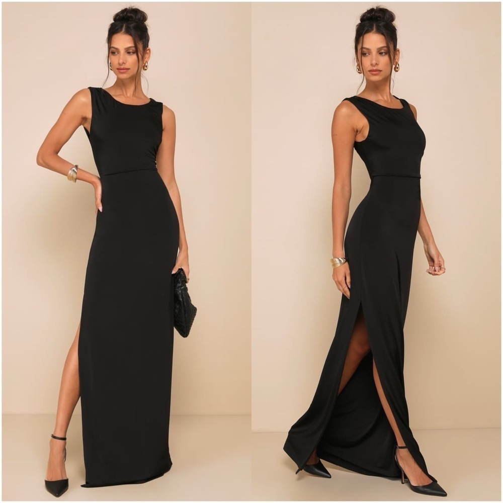 LULU’S Significant Allure Black Slinky Knit Ruched Maxi Dress